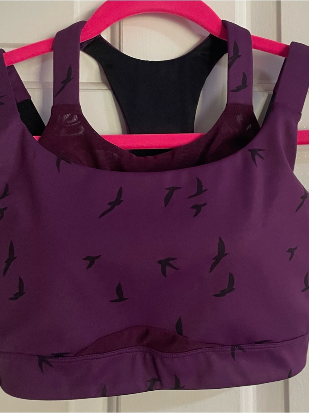 oiselle Plum Sports Bra with Black Bird Print